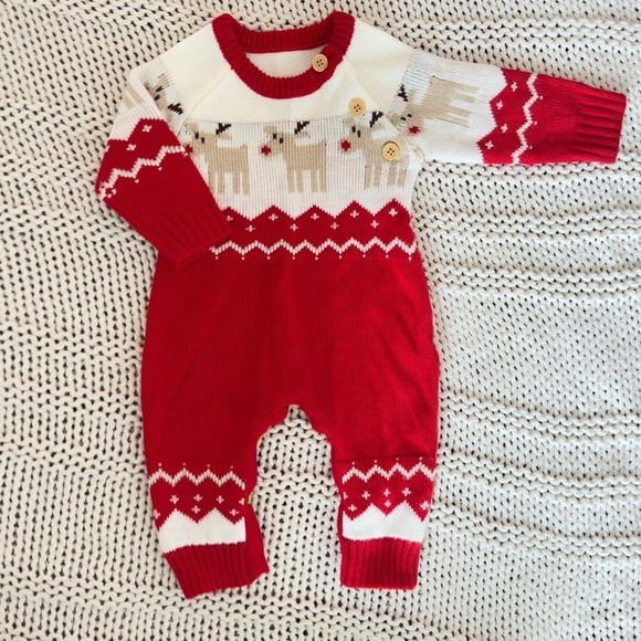 None Other - Christmas Romper Baby Knit Long Sleeve Elk Printed Jumpsuit 0-6 Months